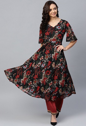 Georgette Flared Floral Kurta