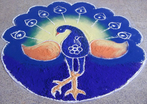 Kék színű páva Rangoli