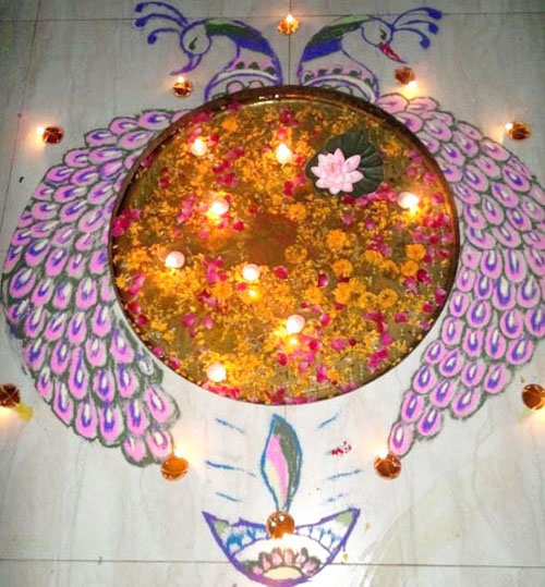 Påfugl Rangoli Design til Diwali Festival