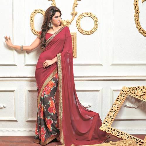 Fancy Sarees-Red Saree med blomstermønster 7