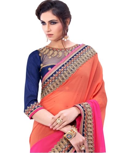 Fancy Sarees-Orange og Blue Saree Design 9