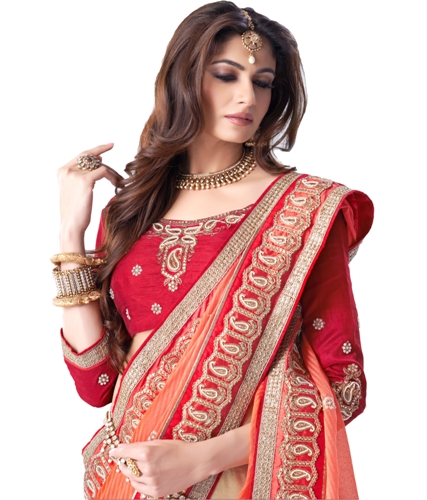 Fancy Sarees-narancssárga és krémszínű Szári vörös blúzokhoz 10
