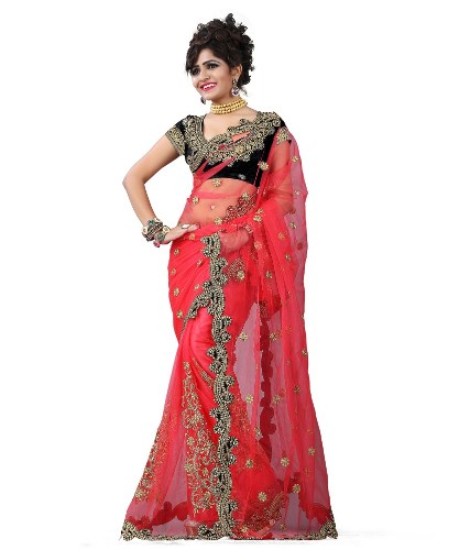 Fancy Sarees-Net anyag Piros Fancy Saree 15