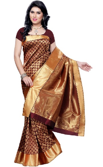 Den brune og gyldne designer Kanjivaram Saree