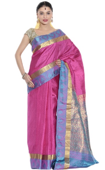 Den lyserøde og blå Kanjivaram Silk Saree