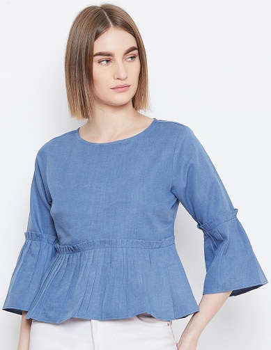 Denim Peplum Crop Top med klokkeærmer