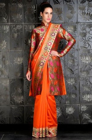 Seneste orange farvede silke Seneste Saree med lang kurta jakke bluse