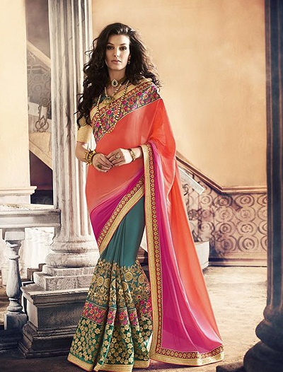 Halv-halv flerfarvet Chiffon Seneste Saree