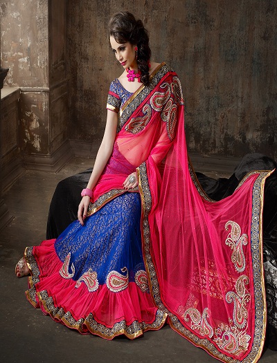 Brude Lehenga Seneste Saree Med Blå-Pink Kombination