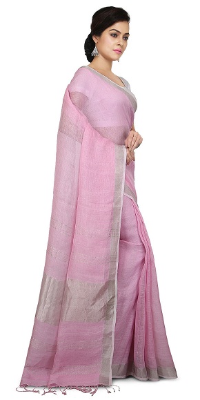 Pastel pink vævet hør Sarees