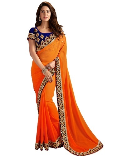 Orange farvet designer Seneste Saree med broderi