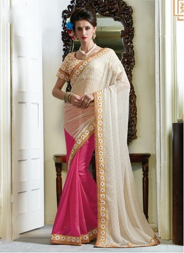 Off-White And Pink Georgette Seneste Saree Med Broderi