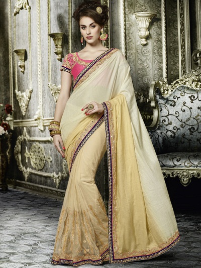 Cream And Yellow Chiffon Seneste Saree