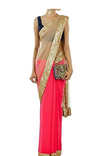 Glitrende Gylden Bordered Pink Seneste Saree