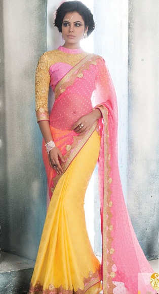 Pink-Yellow Chiffon-Netted Seneste Saree