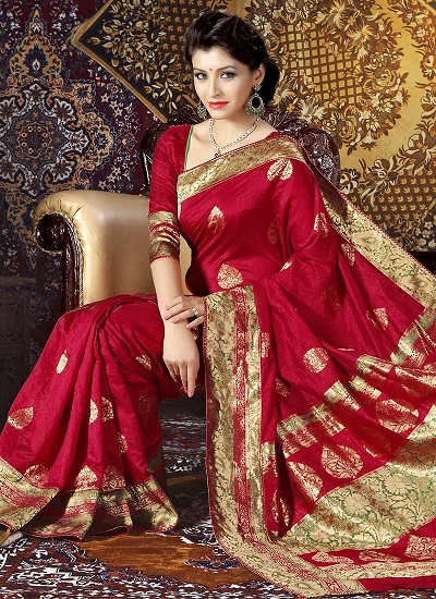 Rød Banarasi silke med gyldne detaljer Seneste Saree