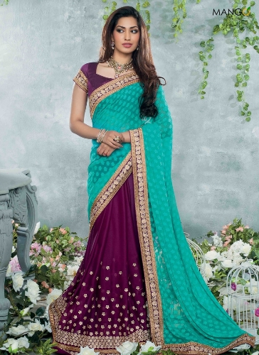 Half Sarees-2 Purple And Turquoise Half And Half Saree