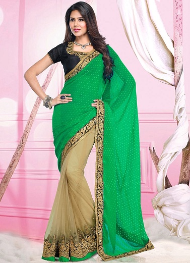 Beige og grøn halv og halv Saree med Zari broderi