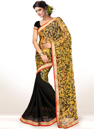 Half Sarees-6 fekete és sárga Fél-fél virágos nyomtatott Saree