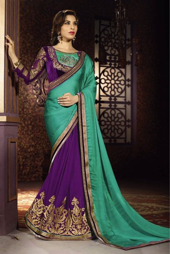 Half Sarees-7 Zöld-lila Fél és fél Chiffon Satin Saree