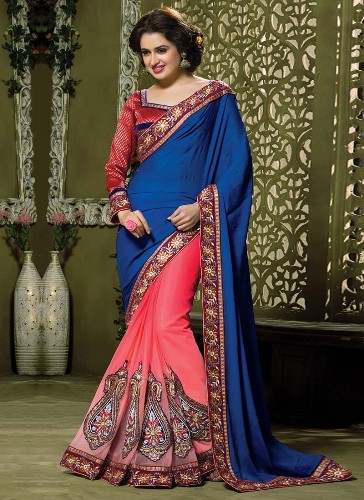 Halv Sarees-8 fersken og blå chiffon og blødt halv halv saree