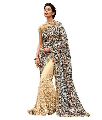 Half Sarees-9 Half And Half Beige Saree med tryk og Zari broderi