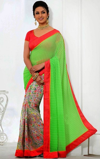 Grøn og flerfarvet Georgette Half Saree