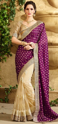 Half Sarees-16 bézs és lila Half-Half Saree