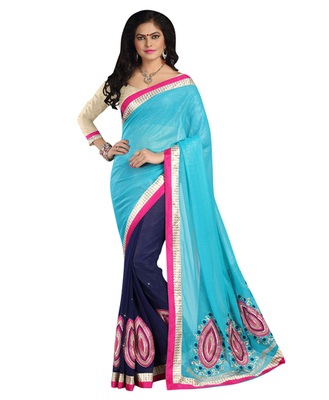 Himmelblå og marineblå halv-halv Saree