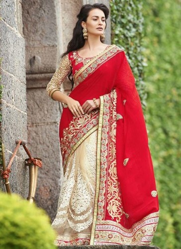 Half Sarees-18 csillogó vörös és krém Georgette Half-Half Saree