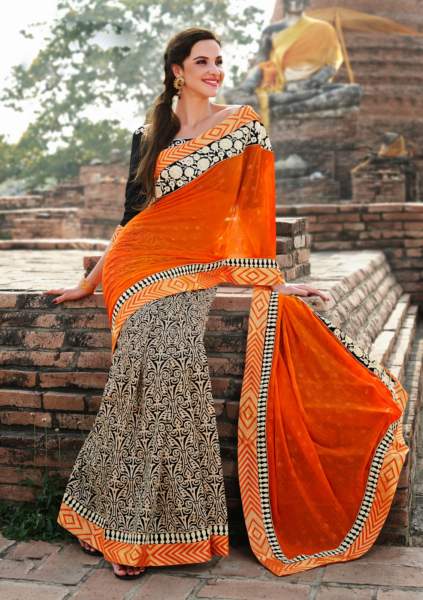 21 Sort-orange chiffon halv og halv Saree