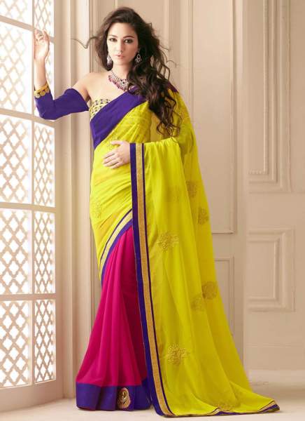 22 Gul-magenta halv og halv Saree med broderiarbejde
