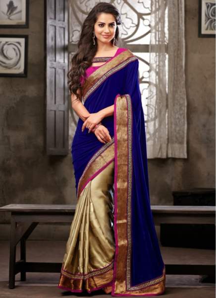 25-Beige-Blå-Satin-Georgette-Halv-og-Halv-Saree