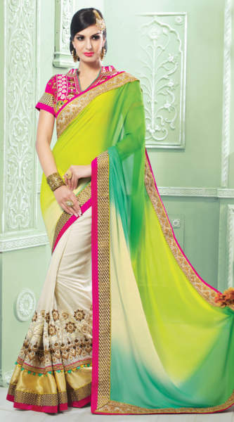 28 Hvid Viscose Georgette Lysegrøn Pallu Half-Half Saree