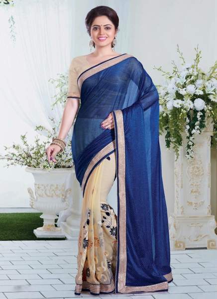 29 Navy Blue-Beige Georgette Half And Half Saree