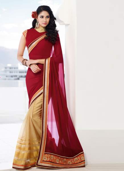 30 Golden Cream Super-Net és sötétvörös Georgette Pallu Half-Half Saree