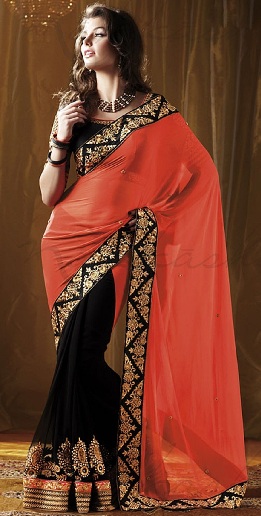 Designer sort-orange halv og halv Saree