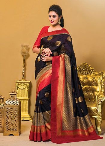 Fekete-piros Kancheepuram Silk saree