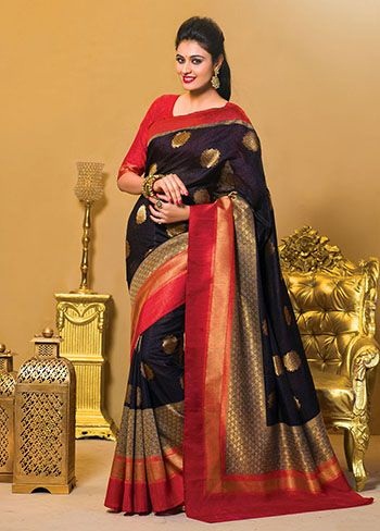 Sort-rød Kancheepuram silke saree