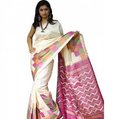 Off-White og Pink kombineret Ikkat Silk Saree