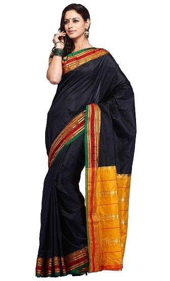 Håndvævet sort Narayanpet Pure Silk Saree