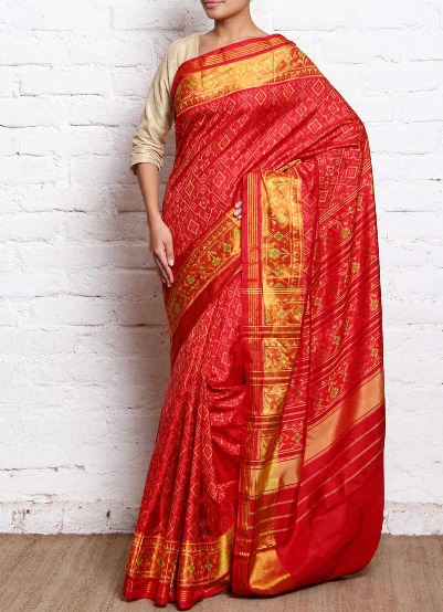 Rød Patola Silke Saree Med Zari Border