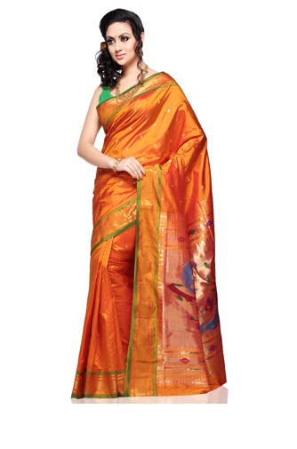 Arany narancssárga Paithani selyem Saree