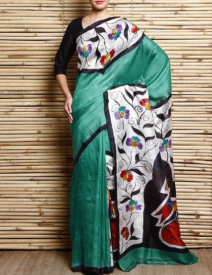 Grøn syretrykt Murshidabad Silk Saree