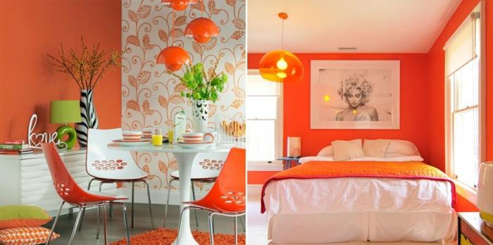 50 -luvun tyyli retro -kalusteet ruokasali makuuhuone parivuode oranssi seinän väri