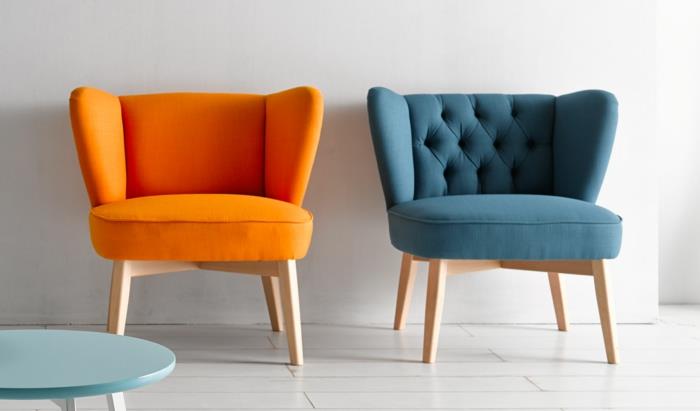 1950 -luvun tyyliin retrotyylinen nojatuoli pehmustetut huonekalut oranssi sininen
