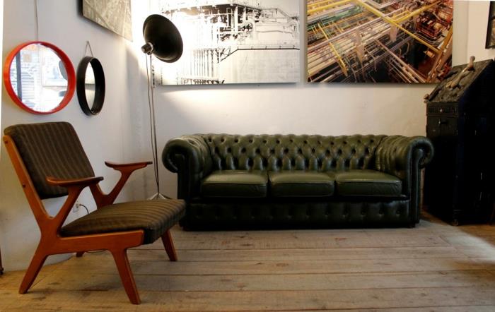1950 -luvun tyyli retro -kalusteinen nojatuoli chesterfield -sohvan nahkainen lattiavalaisin