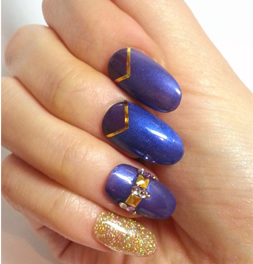 Fényes Navy Blue, Golden Glitter Gel Nail Art