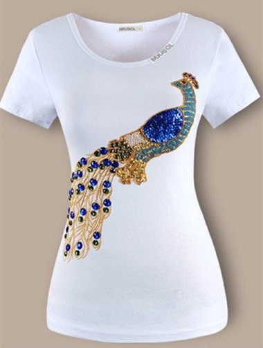 Peacock T-shirt med broderi til kvinder