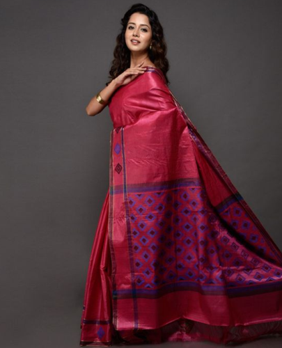 Kosa Sarees-Pink Kosa Silk Saree med geometriske designs 3